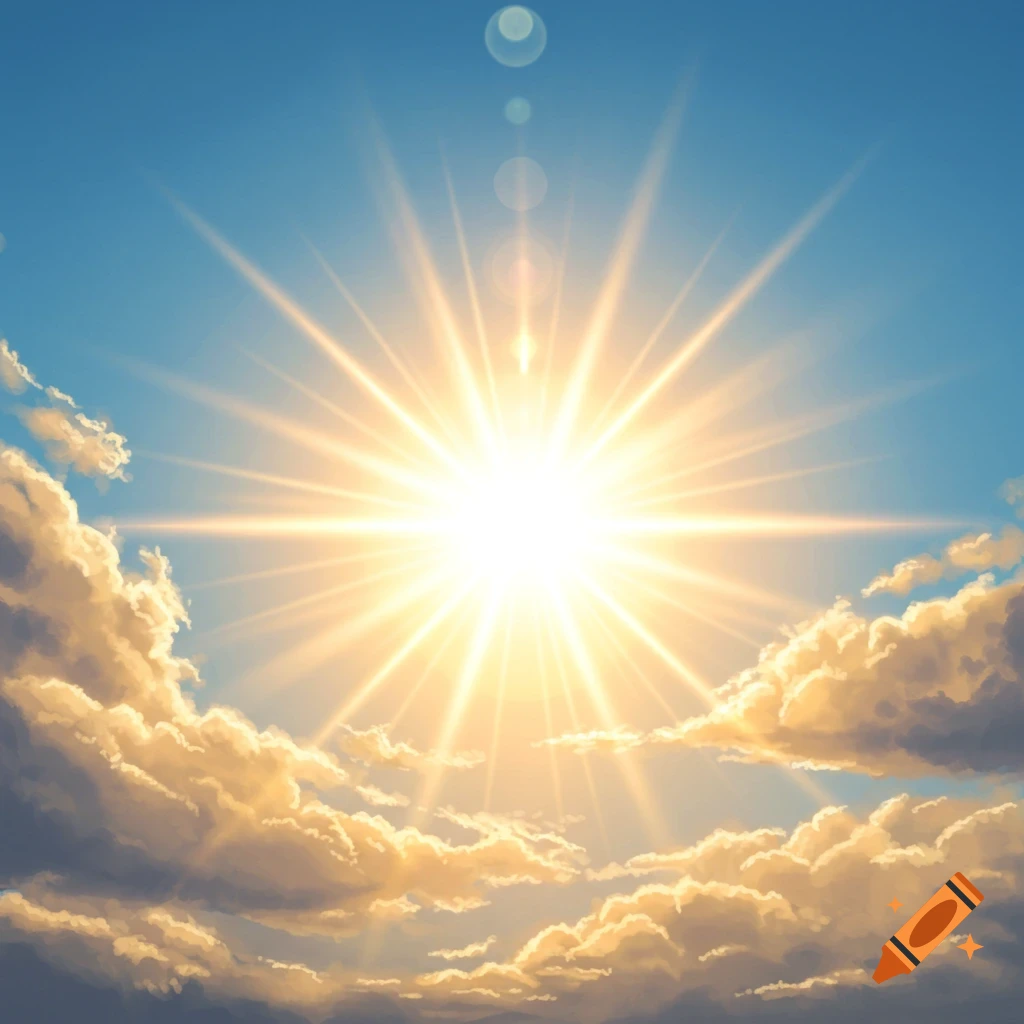 A radiant sun shines brightly in a blue sky with fluffy white and golden clouds.