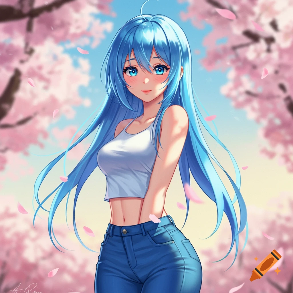 Anime girl with long blue hair, blue eyes, white crop top, and blue jeans, standing among pink cherry blossoms.