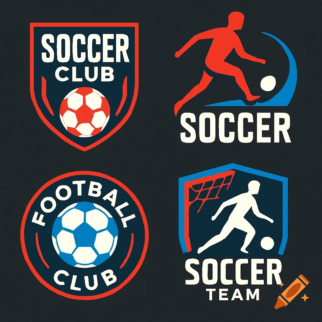 Four distinct, colorful soccer and football club logos on a dark background.