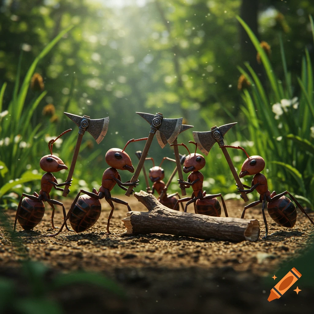 A group of anthropomorphic ants in a lush forest, each wielding a small axe, with one chopping a log.