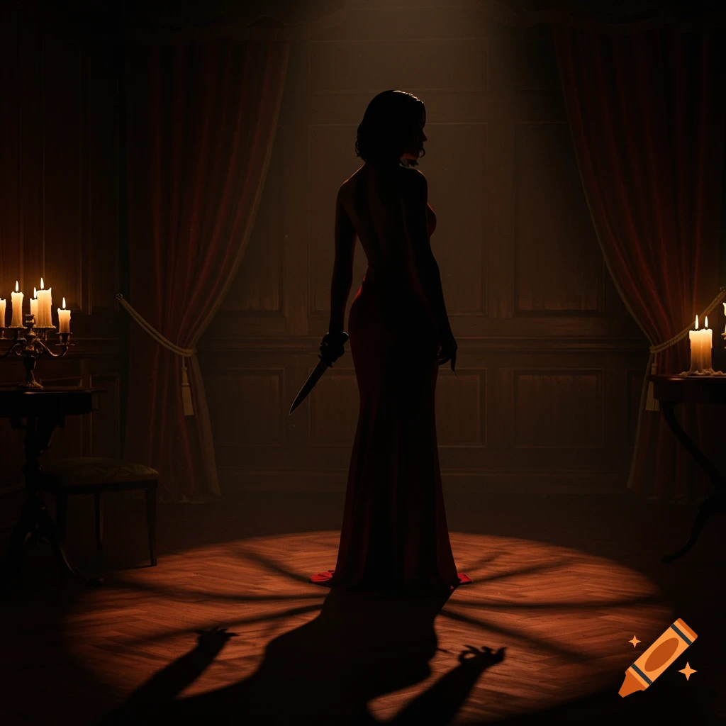 Photorealistic image of a woman in a red dress standing in a spotlight, holding a knife behind her back in a dark, opulent room.