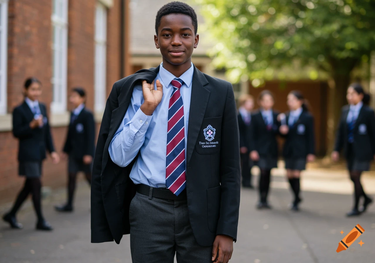 A smiling school boy in a black blazer, blue shirt, and striped tie stands in a schoolyard with other students.