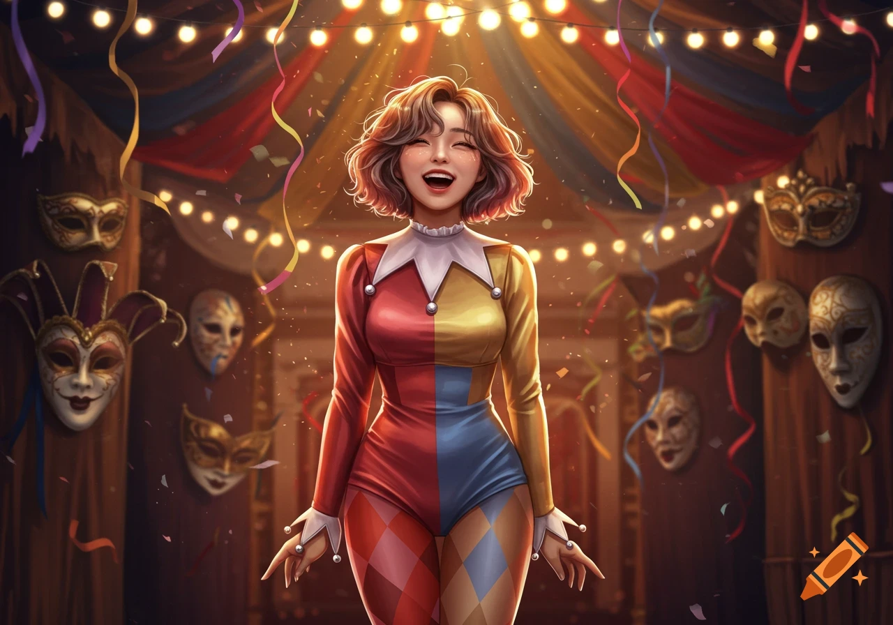 Happy woman in a colorful jester costume smiles amidst carnival masks, string lights, and falling confetti in a digital art style.