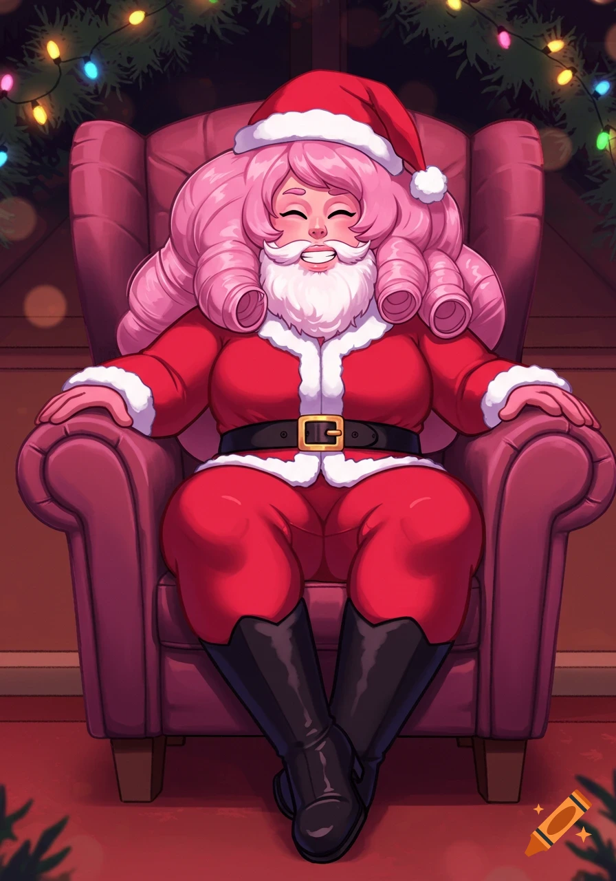 Cartoon Rose Quartz as Santa Claus, smiling while sitting in a large armchair, with Christmas lights in the background.