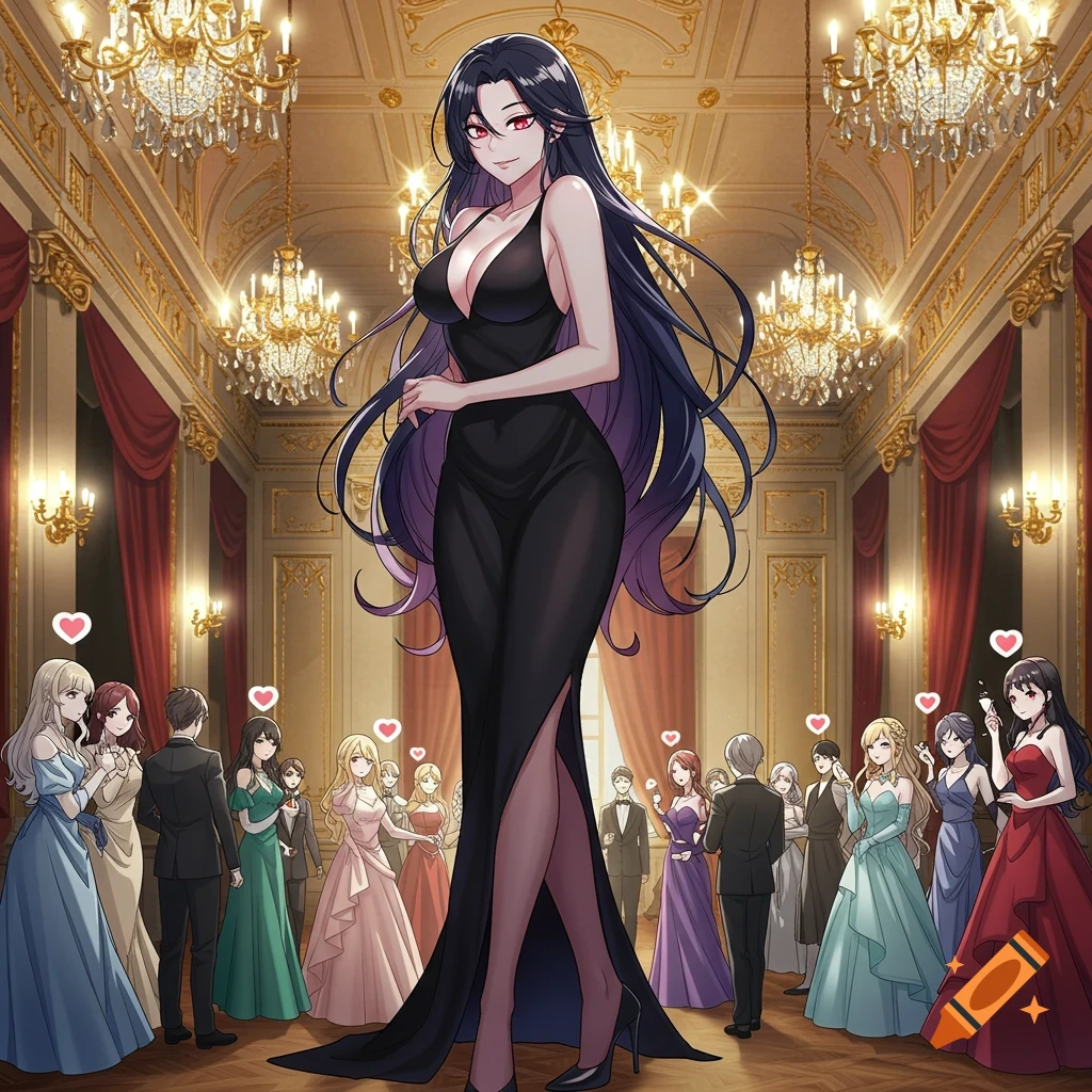 Anime-style tall woman in a black low-cut dress walks confidently in a grand ballroom full of admiring partygoers.