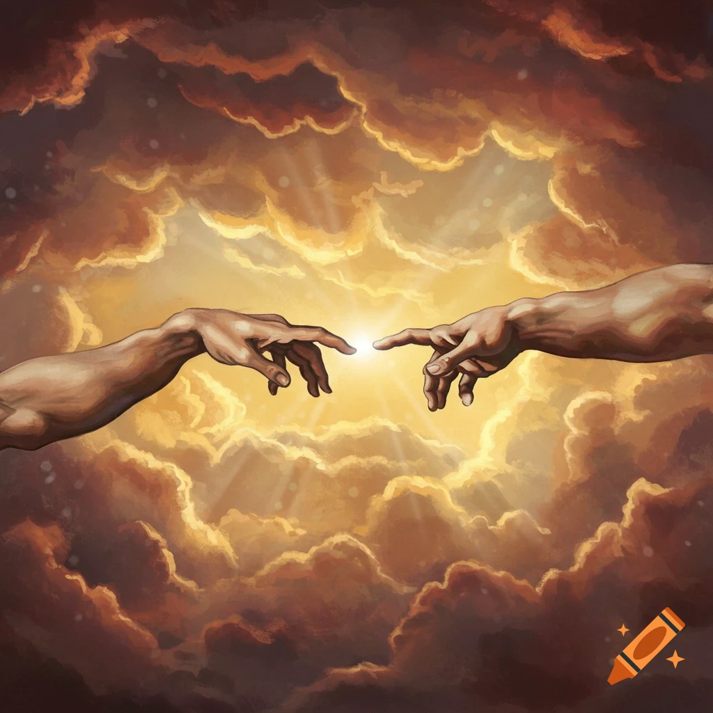 Two hands reach out from golden clouds, fingertips almost touching, in a painterly style reminiscent of The Creation of Adam.