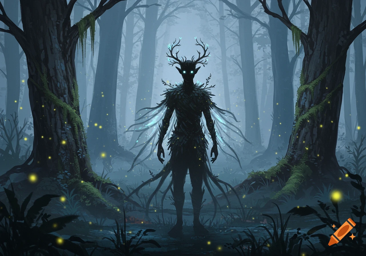 Dark, ethereal horned forest spirit with glowing eyes and leaves in a misty, mossy forest with fireflies.