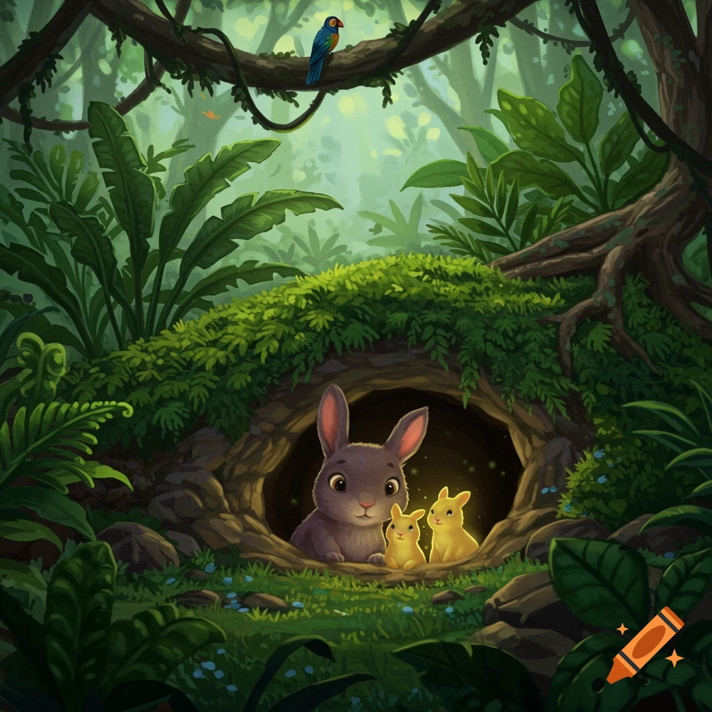 Serene illustration of a mother rabbit and two baby rabbits peeking from a cozy burrow in a lush jungle with a parrot on a branch.