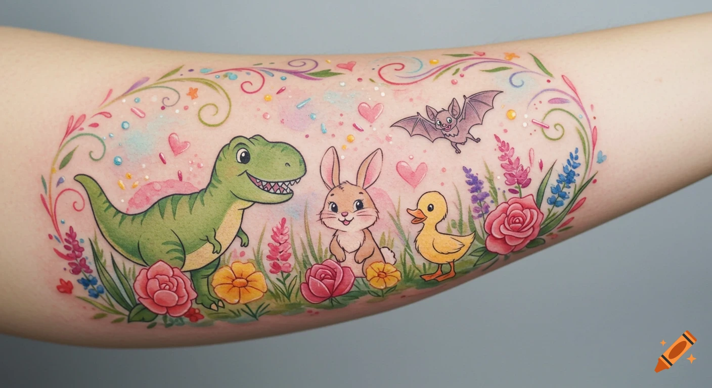 A vibrant, child-friendly forearm tattoo of a happy green T-Rex, bunny, duckling, and bat in a whimsical garden of flowers.