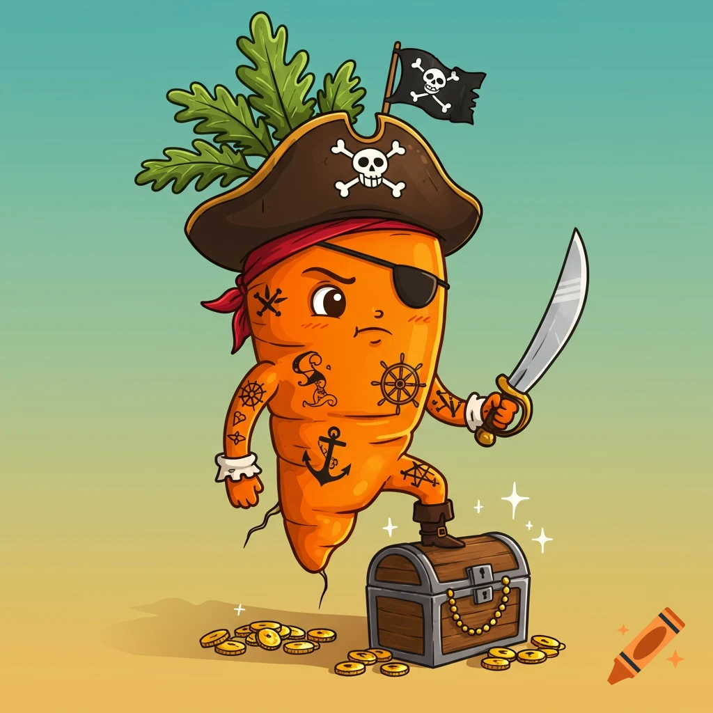 A cartoon pirate carrot with green leaves, an eyepatch, and tattoos, holding a sword and standing on a treasure chest with gold coins, in a Sailor Jerry style.