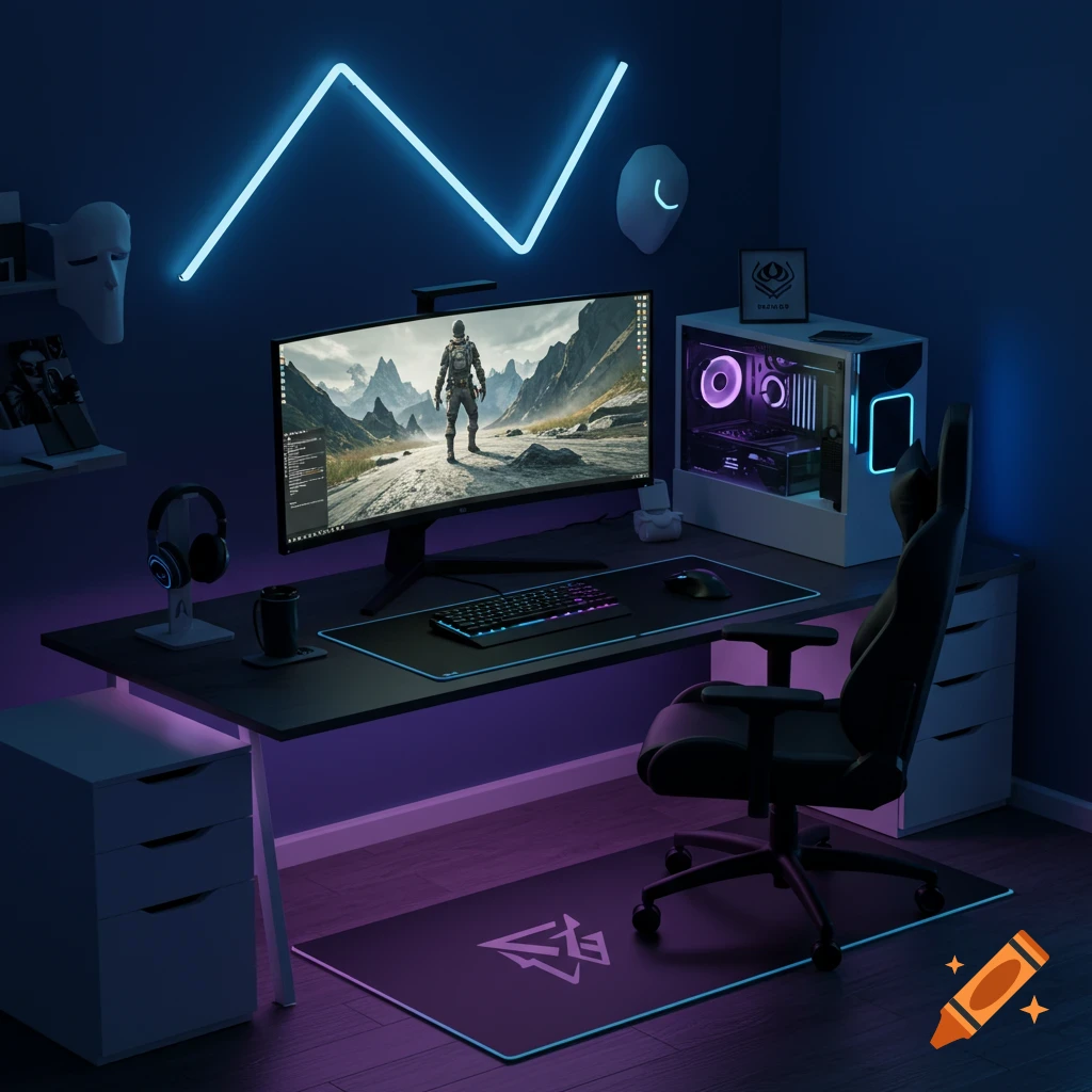 A modern gaming setup featuring a curved monitor, PC, gaming chair, and vibrant blue and purple LED lighting in a dark room.