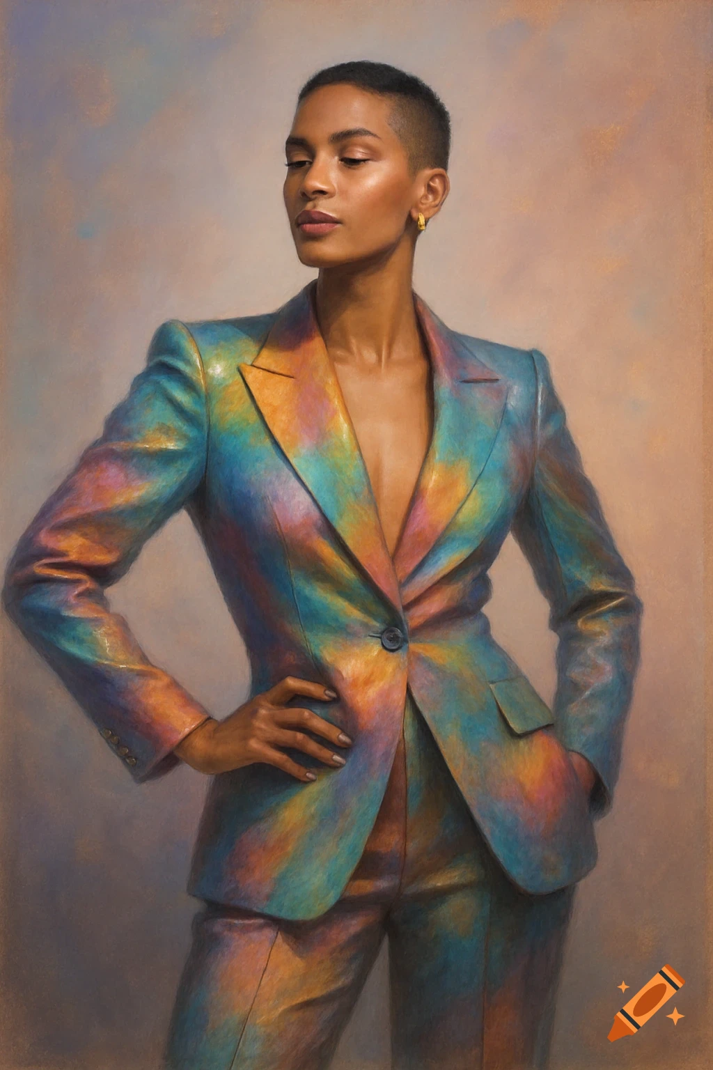 A woman with short hair and a gold earring poses in a vibrant rainbow-colored suit, hands on hips, in a painted style.