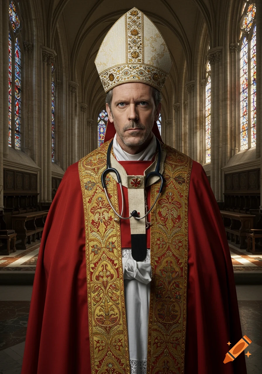 Hugh Laurie as a Pope with a stethoscope, wearing red and gold vestments and a mitre, standing in a grand church.
