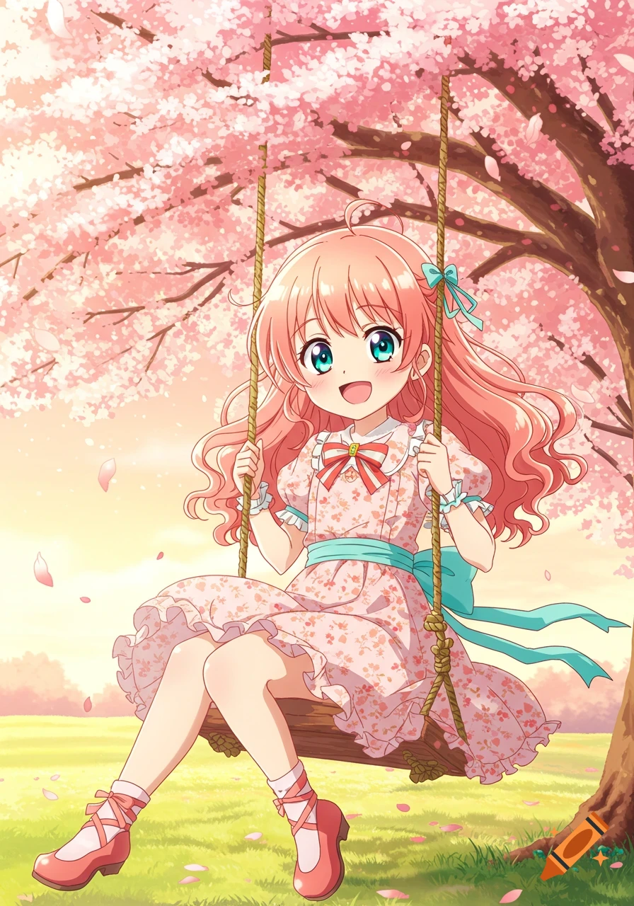 An anime girl with pink hair and blue eyes smiles while sitting on a swing under a vibrant pink cherry blossom tree in a sunny field.