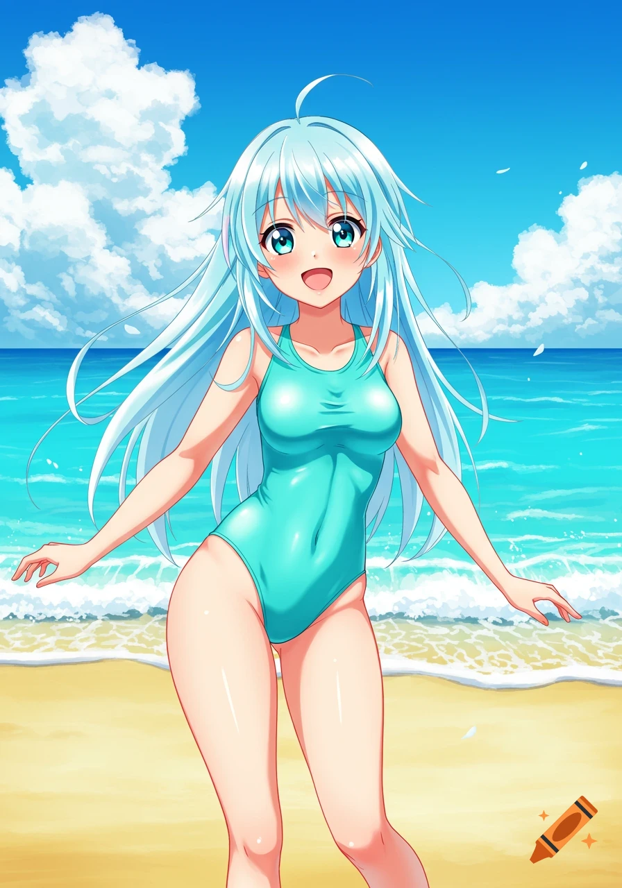 Anime girl with light blue hair and blue eyes smiling on a sunny beach, wearing a turquoise one-piece swimsuit.