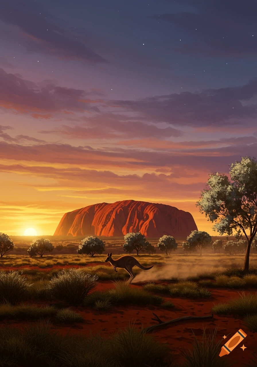 Vibrant illustration of Uluru at sunset, with a kangaroo running through the red dirt foreground of the Australian outback.