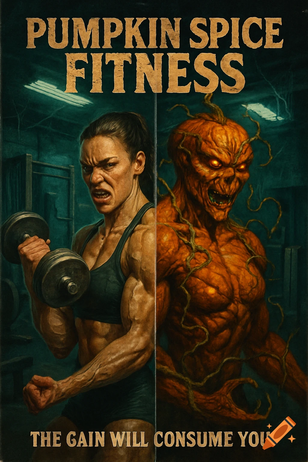 A vintage horror poster shows a muscular woman lifting weights next to a monstrous pumpkin creature with glowing eyes. Text reads 'PUMPKIN SPICE FITNESS' and 'THE GAIN WILL CONSUME YOU'.