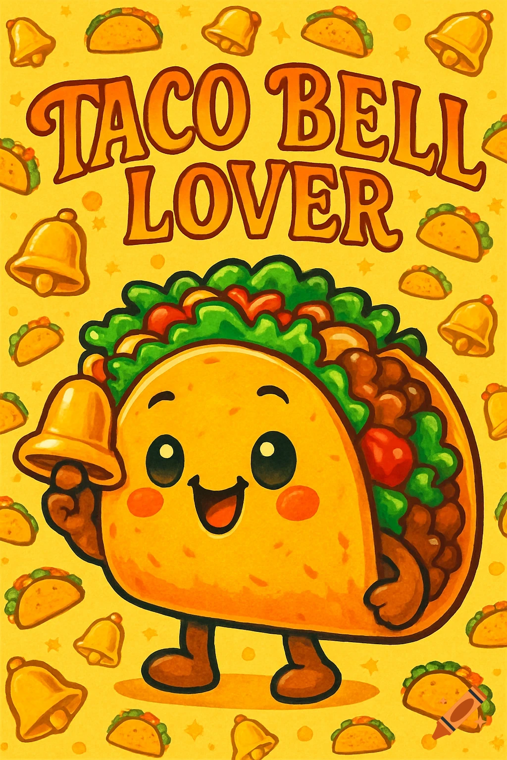A cute, smiling cartoon taco character holds a golden bell, on a yellow background with "TACO BELL LOVER" text and small tacos and bells.