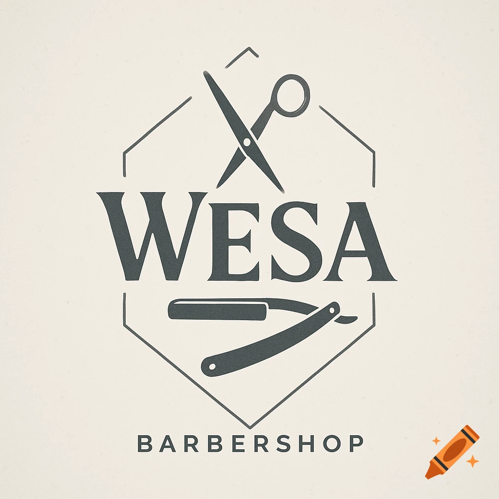 Vintage-style barbershop logo featuring crossed scissors, a straight razor, and the text 'WESA BARBERSHOP' within a hexagonal outline.