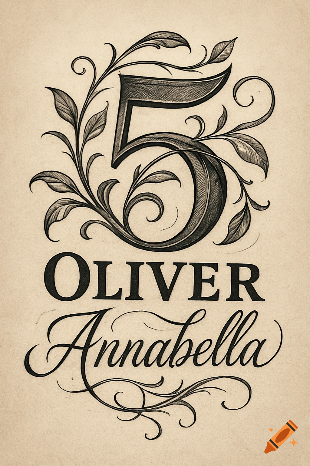 Vintage-style calligraphic illustration of the number 5 entwined with leaves, above names 'OLIVER' and 'Annabella'.