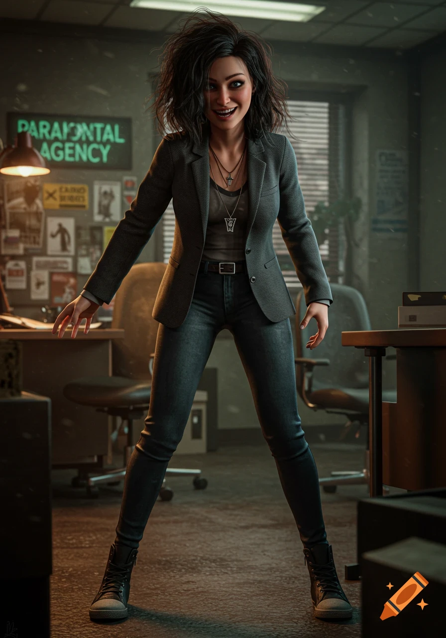 A smiling woman with messy dark hair, wearing a blazer and jeans, stands in a cluttered office with a neon sign for 'PARAN NTAL AGENCY'.