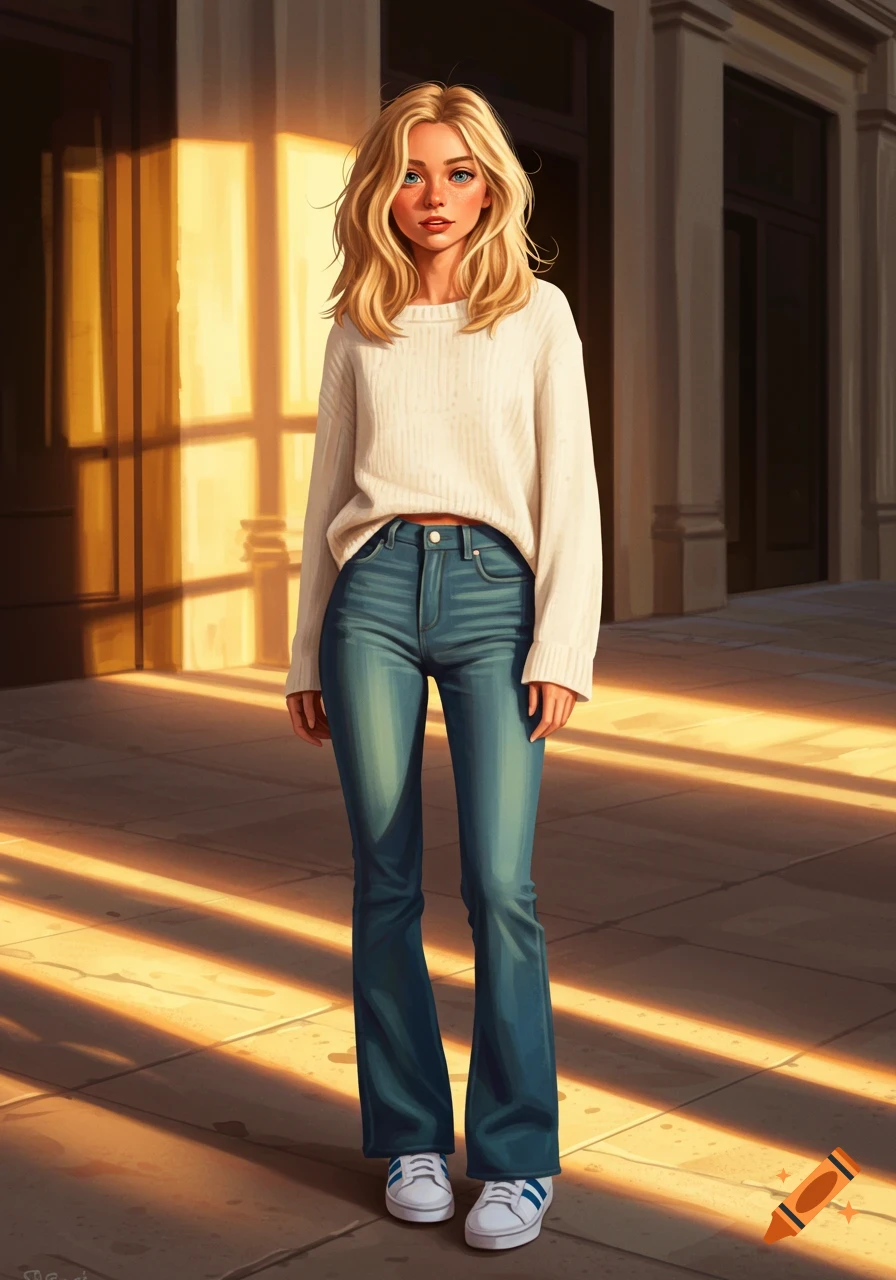 Digital art of a blonde woman in a white sweater and blue jeans standing in golden sunlight on a city street.