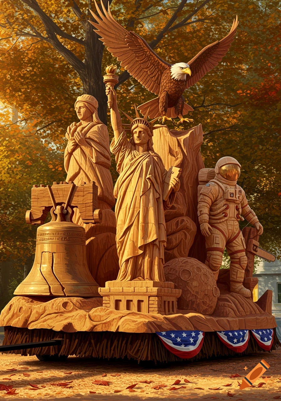 A parade float with chainsaw carvings of the Statue of Liberty, Liberty Bell, a bald eagle, and an astronaut, set against autumn trees.