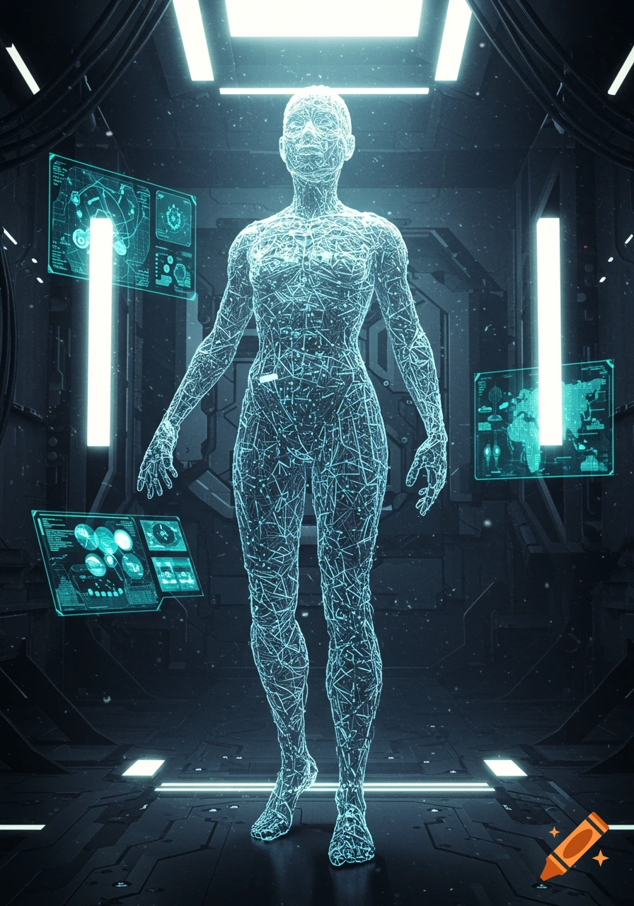 A glowing blue wireframe holographic human figure stands in a dark, futuristic sci-fi chamber with several glowing data screens.