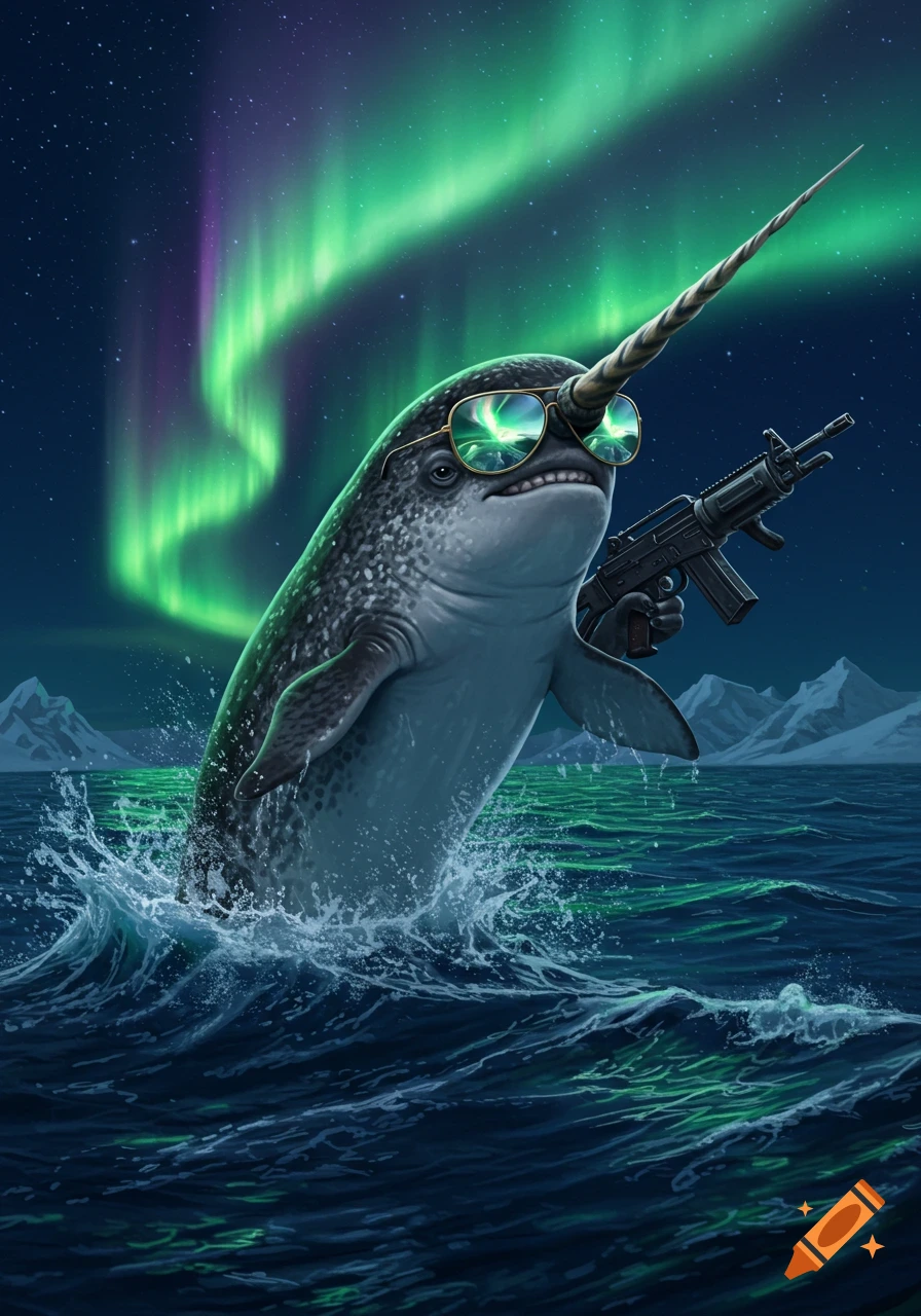 A narwhal wearing mirrored sunglasses and an angry scowl breaches the water, holding a machine gun under the northern lights.
