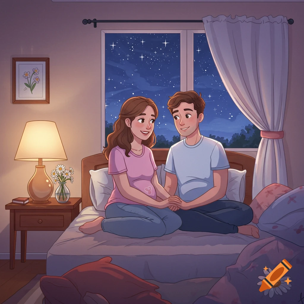 An illustration of a pregnant woman and a man holding hands, sitting on a bed in a bedroom with a starry night sky outside the window.