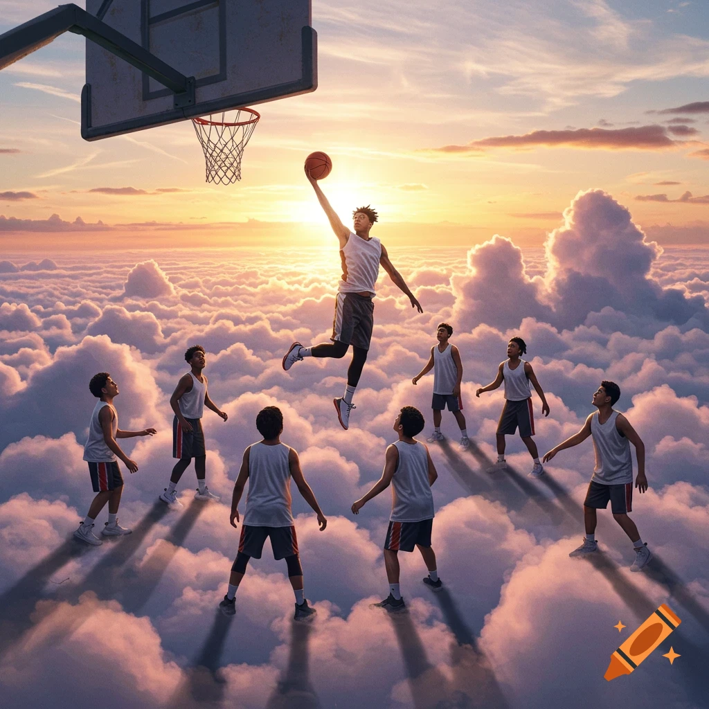 Basketball players jump and dribble a ball on a court made of clouds in the sky, with a sunset background. Photorealistic style.