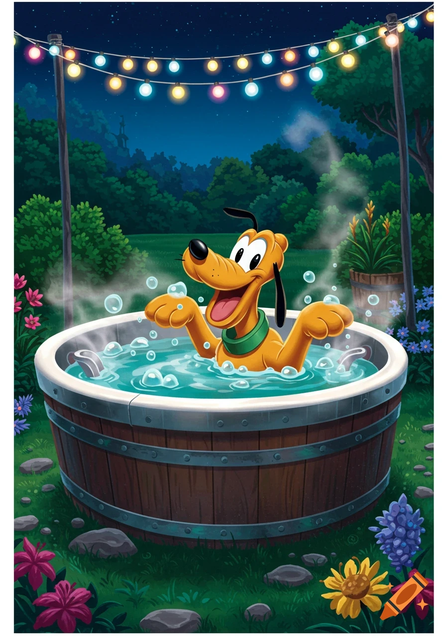 Cartoon illustration of Disney's Pluto the dog happily sitting in a bubbling wooden hot tub at night, surrounded by garden flowers and string lights.