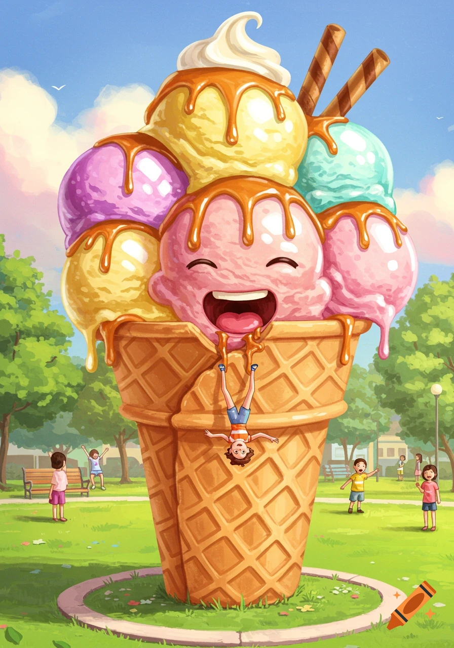 Cartoon illustration of a giant smiling ice cream cone with a child hanging upside down from its mouth in a sunny park.