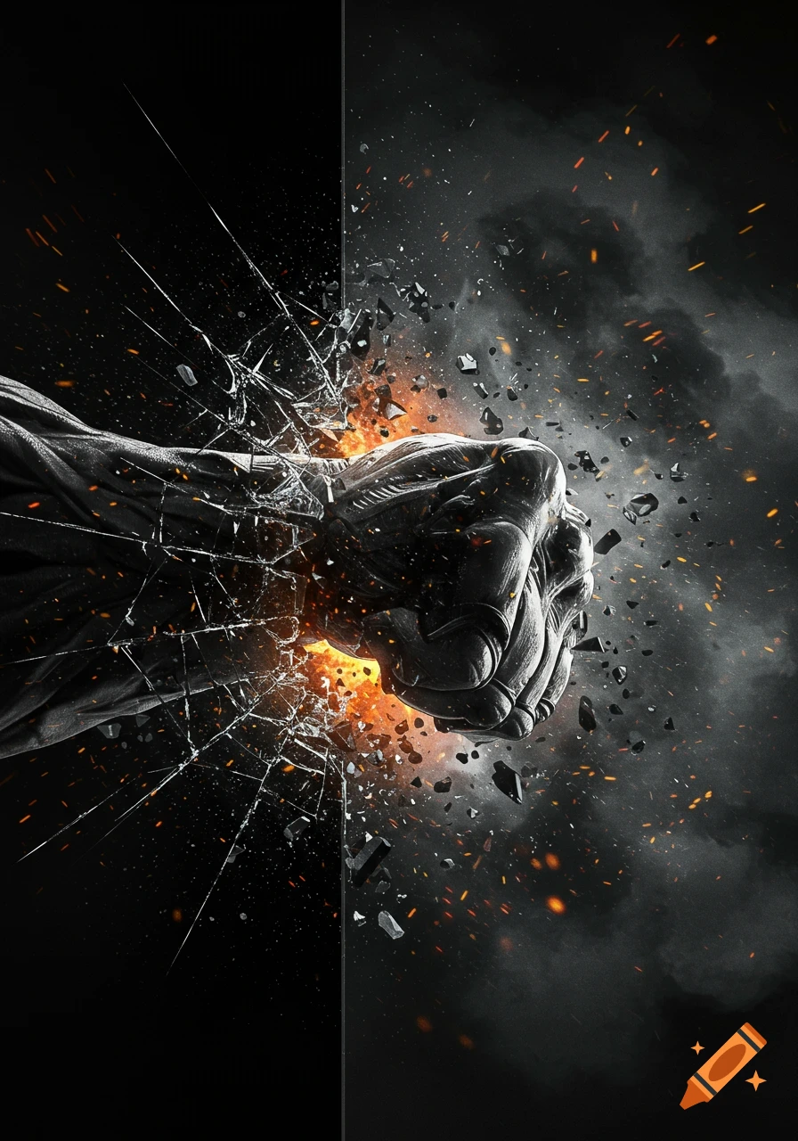 A powerful fist breaks through a dark surface, creating a dynamic explosion of shattered debris and orange sparks, black background.