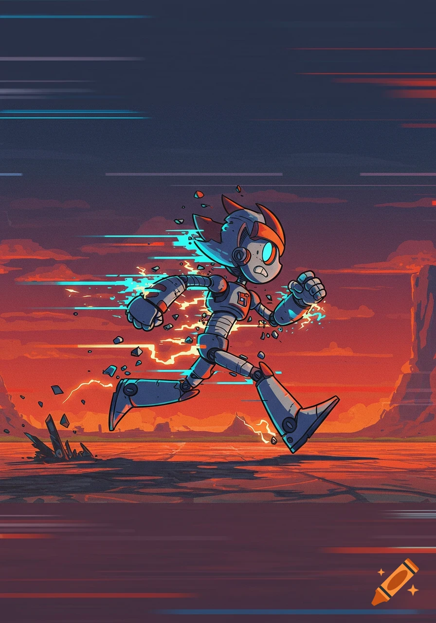 Cartoon robot running through a red desert at sunset, leaving glitchy blue energy trails and shattered fragments.