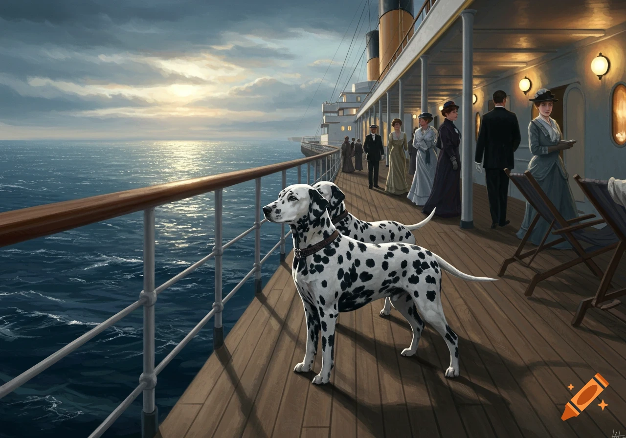Two Dalmatians on a grand ship's deck overlook the ocean at sunset, with elegantly dressed passengers in the background. Illustration.