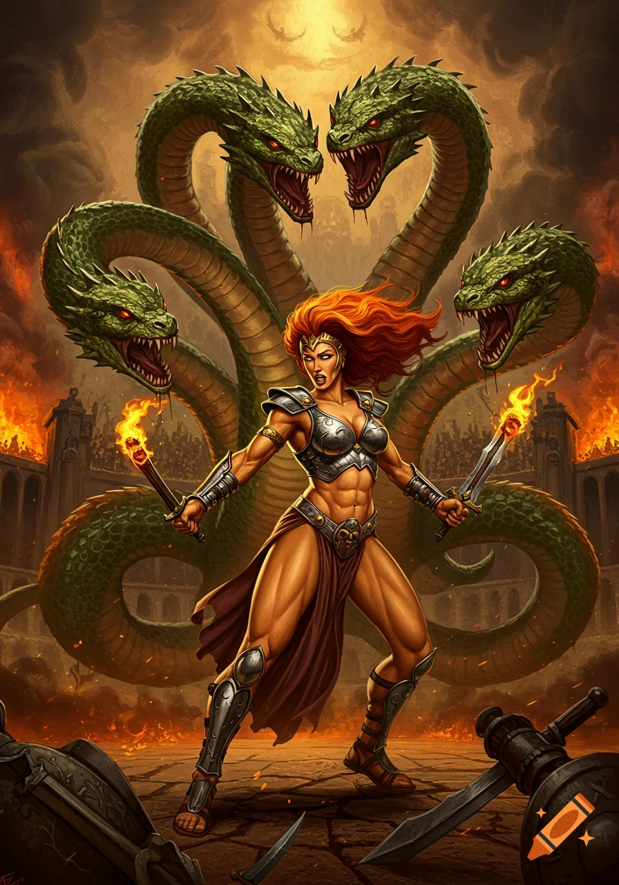 Muscular red-haired warrior in metal battle bikini fighting a multi-headed hydra in a fiery arena, epic fantasy illustration.