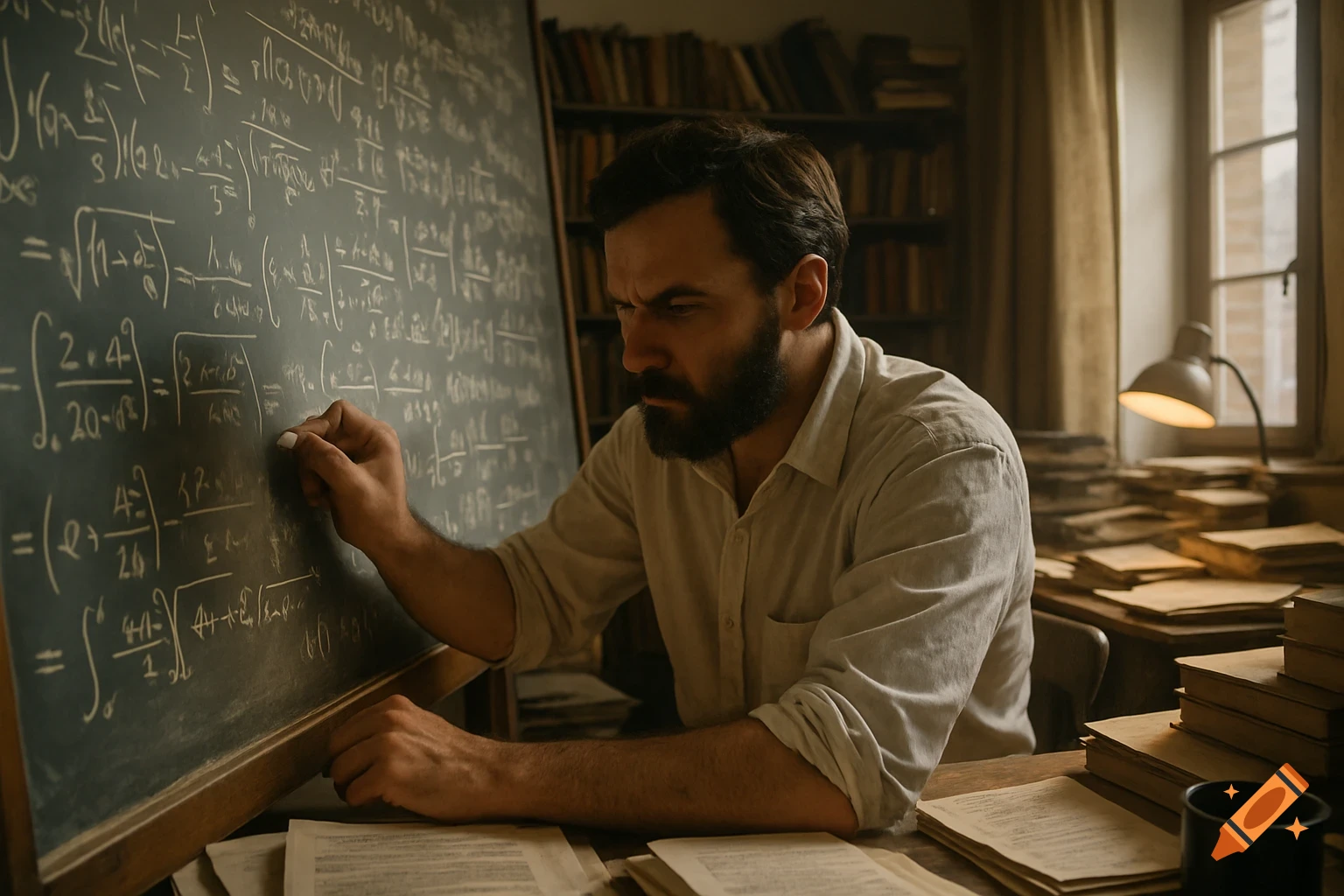 A bearded man intensely writes complex mathematical equations on a blackboard in a dim, book-filled study.