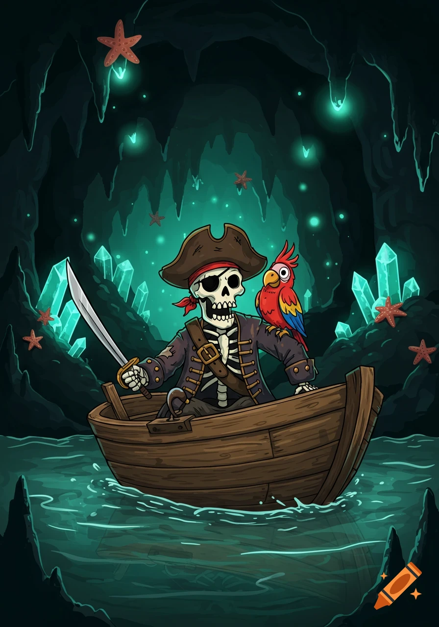 A cartoon skeleton pirate with an eye patch and a parrot on its shoulder in a small boat in an illuminated cave with crystals and starfish.