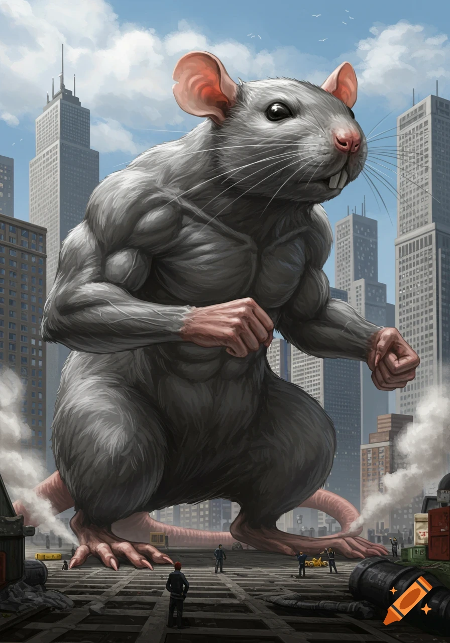 A colossal, muscular gray rat looms over a city, with tiny people on the ground looking up. Digital art.