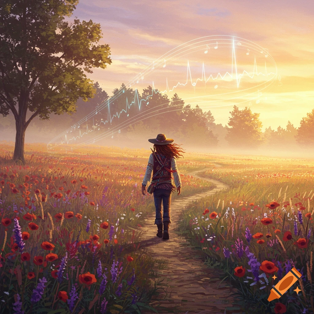 A person with a hat and flowing hair walks on a winding path through a vibrant field of red and purple flowers at sunset, with ethereal musical notes and sound waves floating above.