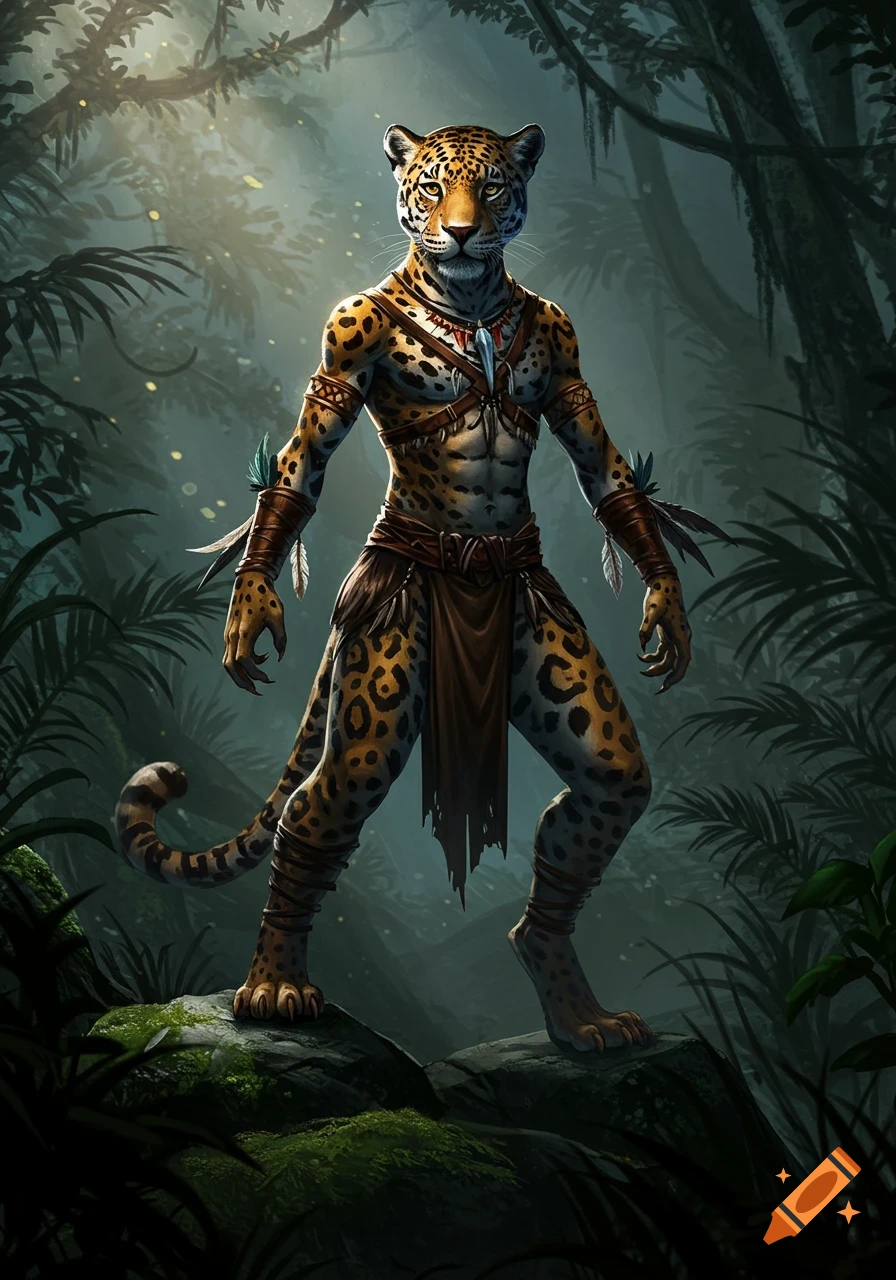 A muscular humanoid jaguar character in tribal attire stands on mossy rocks in a lush, misty jungle, illuminated by light.
