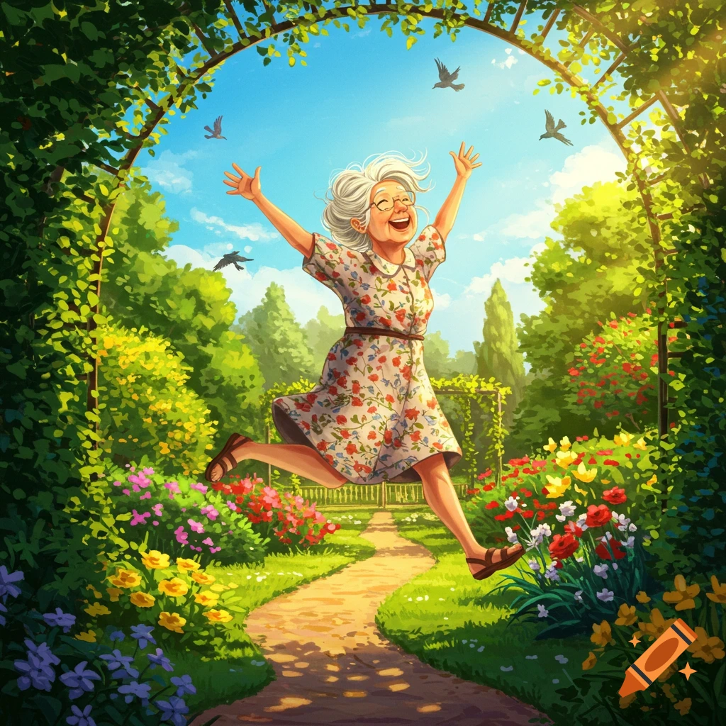 A joyful, white-haired elderly woman jumps exuberantly in a vibrant, sunny garden with a green archway, flowers, and birds. Illustration.