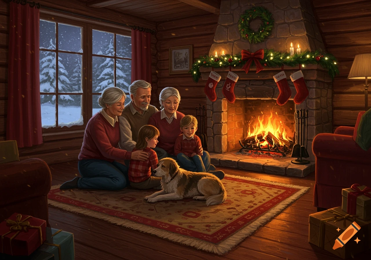 A family with two children and a dog gather around a warm fireplace decorated for Christmas in a cozy log cabin, with snow outside the window.