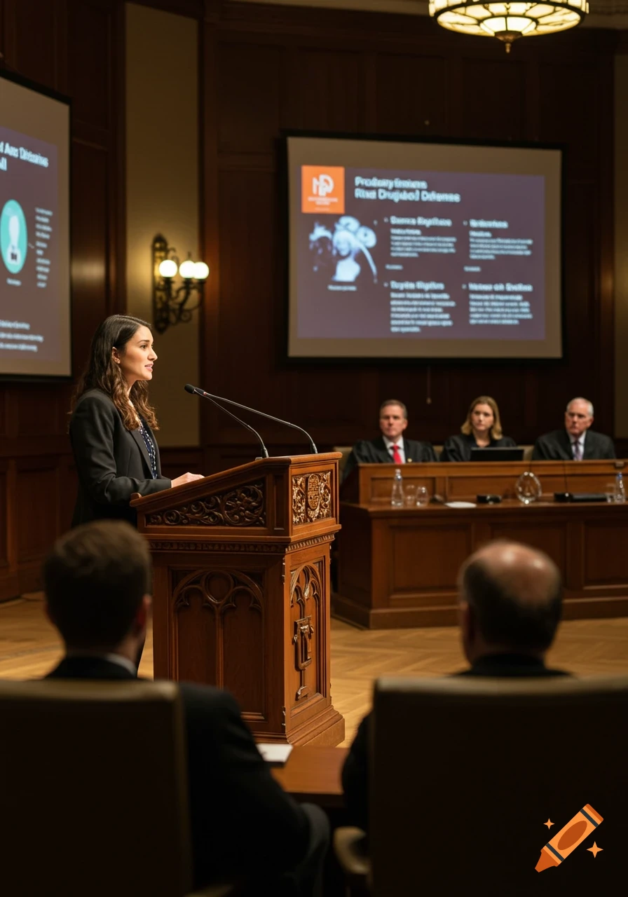 A woman in a black suit speaks at an ornate wooden podium in a formal hall with screens displaying garbled text, facing an audience.