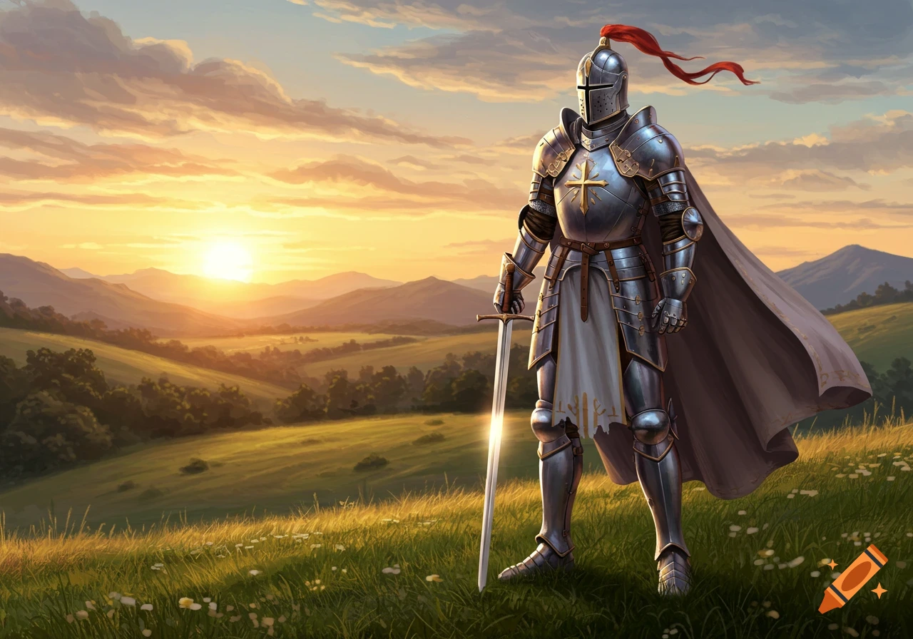 A knight in shining armor with a sword stands on a grassy hill overlooking a valley at sunset, with mountains in the background.