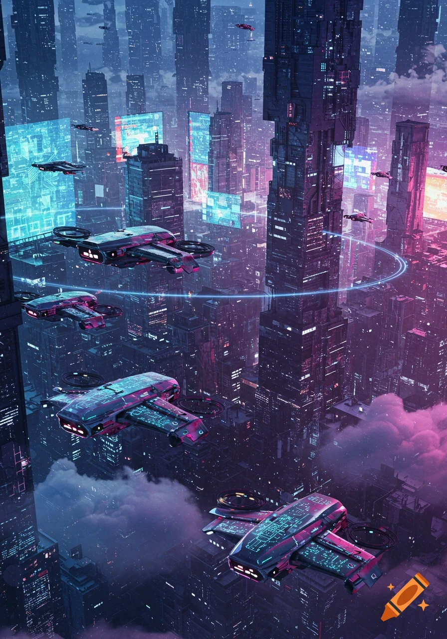 A futuristic cyberpunk city at night, with towering skyscrapers bathed in neon lights. Several sleek, glowing cyberdrones fly through the cityscape amidst purple clouds.