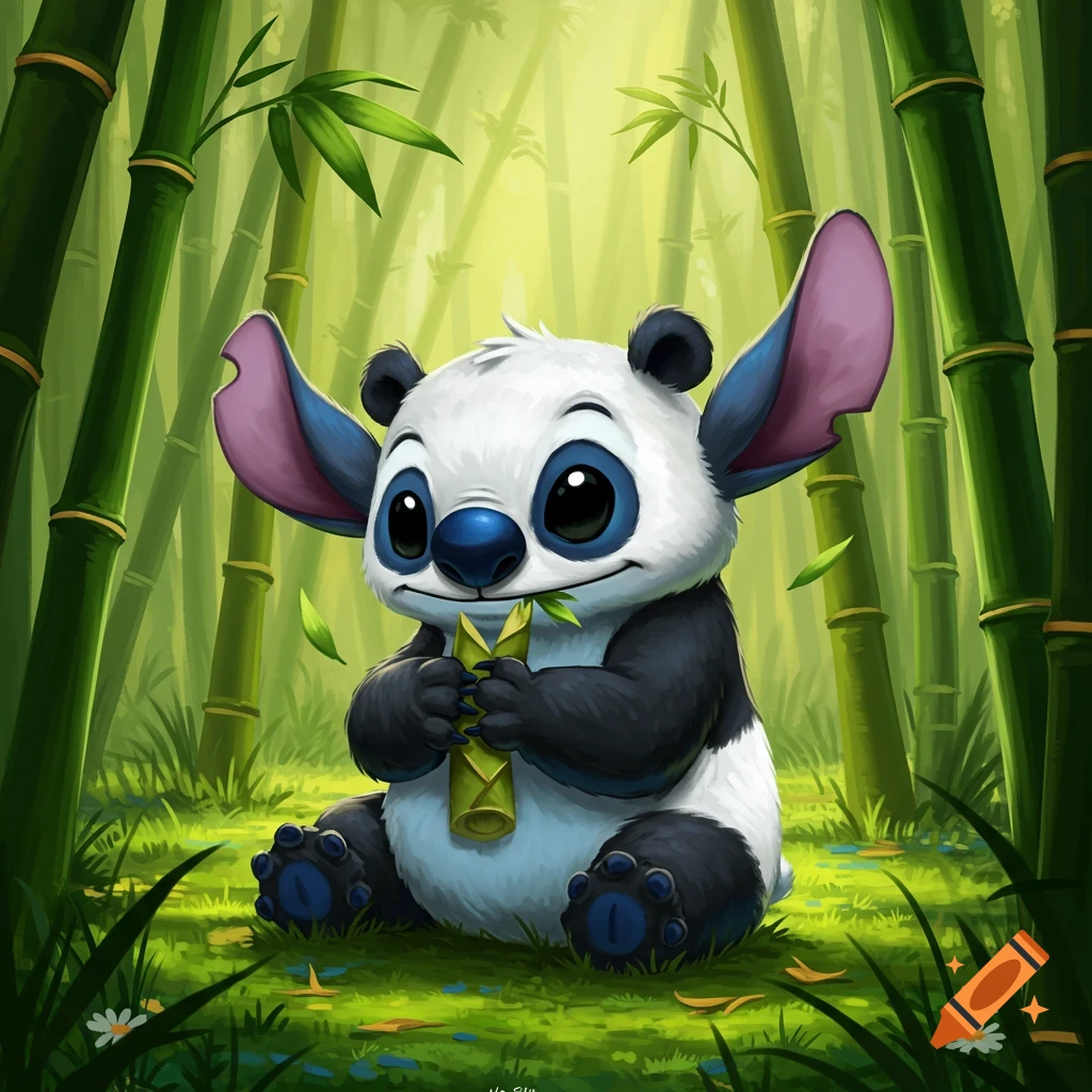 A cute, cartoon panda-Stitch hybrid with big ears sits smiling in a lush bamboo forest, eating a bamboo shoot.