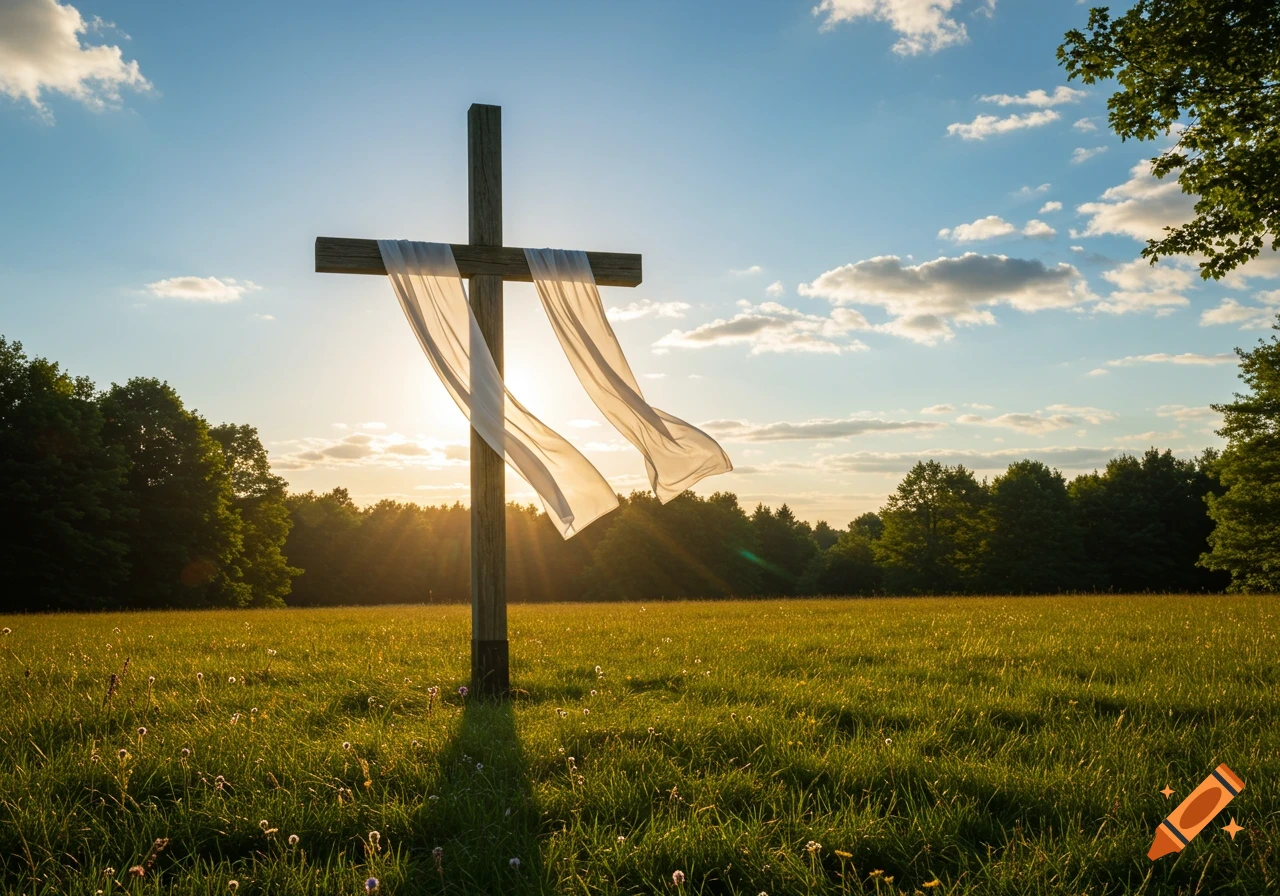 Photorealistic image of a wooden cross with a white cloth draped over it, standing in a sunny grassy field with trees in the background.