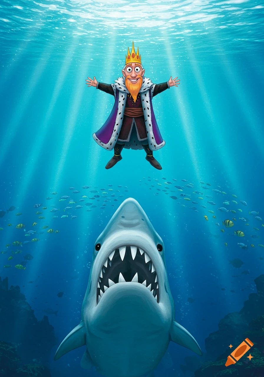 A happy cartoon king in a crown and royal robe swims underwater above a large, menacing white shark with an open mouth.